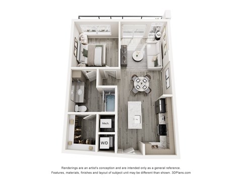 Floor plan for 1 bed, 1 bath, 667 sqft